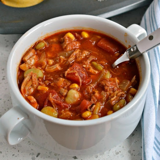 This bold and flavorful Brunswick Stew is bursting with flavor from pulled pork, roasted chicken, corn, tomatoes and lima beans all in a tangy sweet broth seasoned with barbecue sauce and a perfect blend of spices.