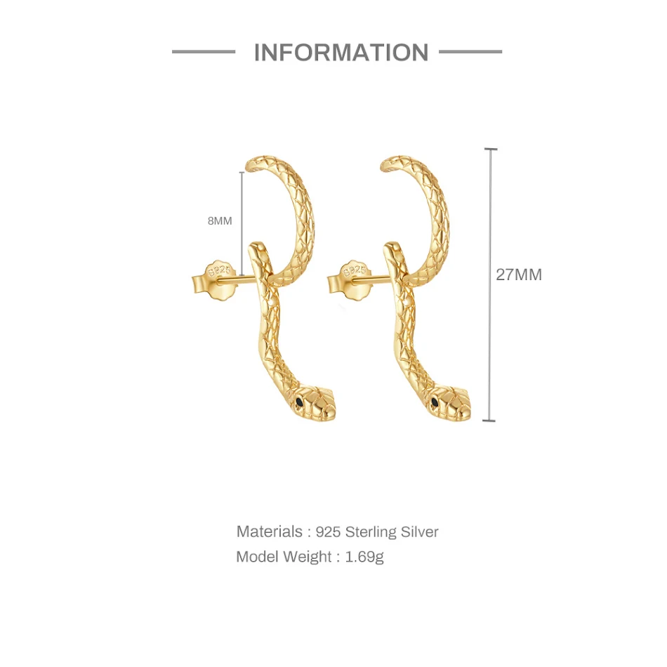 Pendientes de oreja ajustables de serpiente en plata de ley 925, diseño elegante y moderno, perfectos para cualquier estilo y ocasión.