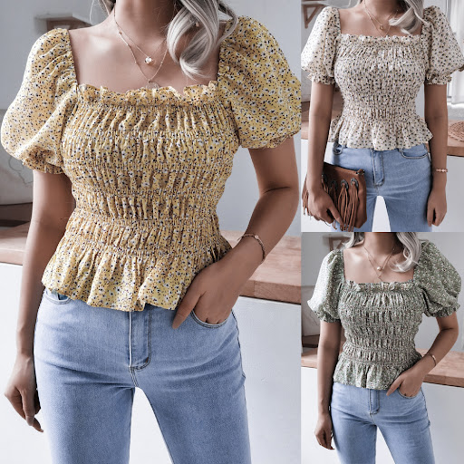 Title 6, Square Neck Lantern Sleeve Ruffle Floral Chiffo...