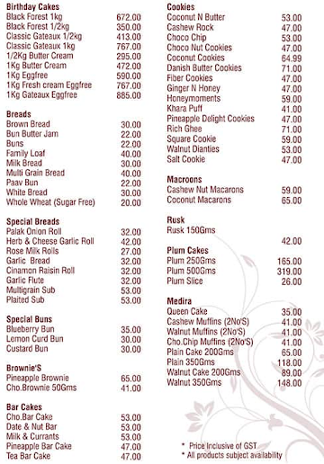 Adyar Bakery menu 