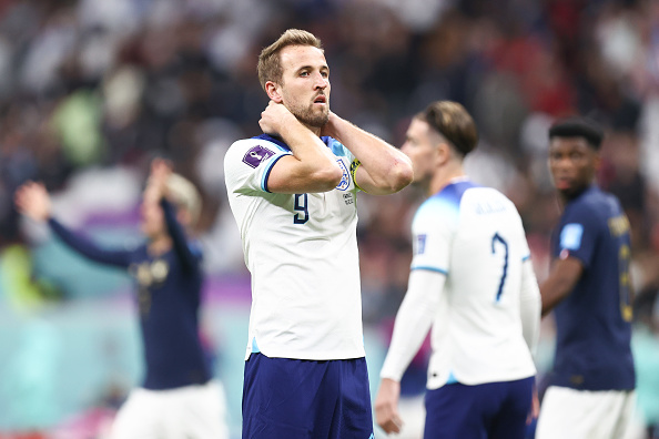 A dejected Harry Kane of England reacts after his team is knocked out of the FIFA World Cup in Qatar after they lost to France at Al Bayt Stadium on December 10, 2022 in Al Khor, Qatar.