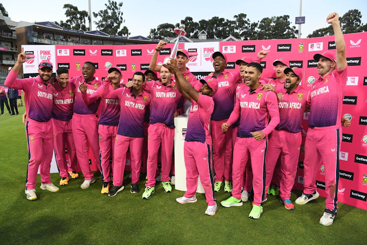 The Proteas lift the trophy in victory during the 2nd Betway ODI match between South Africa and Netherlands at DP World Wanderers Stadium on April 02, 2023 in Johannesburg, South Africa.