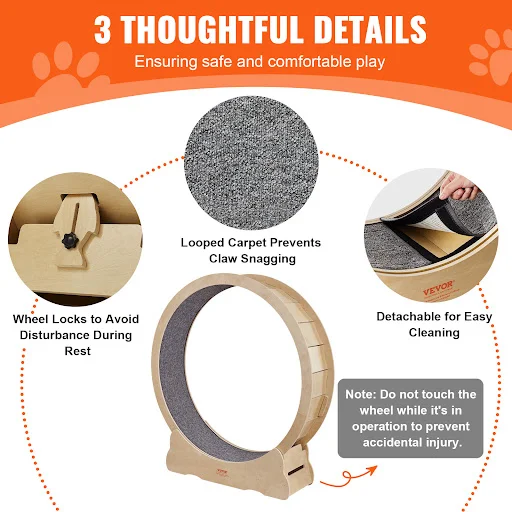 VEVOR Cat Exercise Wheel Natural Wood Silent Running Toy Treadmill Roller Wheel with Detachable Carpet for Most Cats Pet