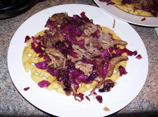 Pulled Pork and Sweet-and-Sour Red Cabbage on Cornbread Waffles