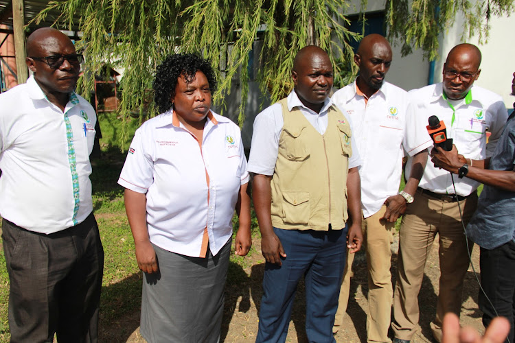 Nema officials, led by Jane Nyandika and Josiah Nyandoro, in Homa Bay town on May 24, 2022