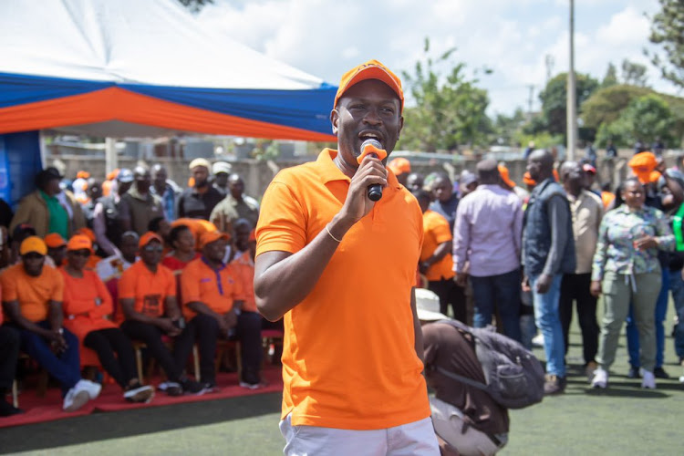 Nairobi Senator Edwin Sifuna addressing ODM supporters during membership recruitment drive at Kamukunji Grounds, Nairobi on February 4, 2024.