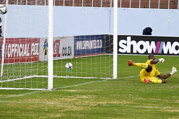 Lloyd Kazapua of Chippa United looks back as the ball goes into the net during the DStv Premiership 2021/22 match between Chippa United and Marumo Gallants FC.