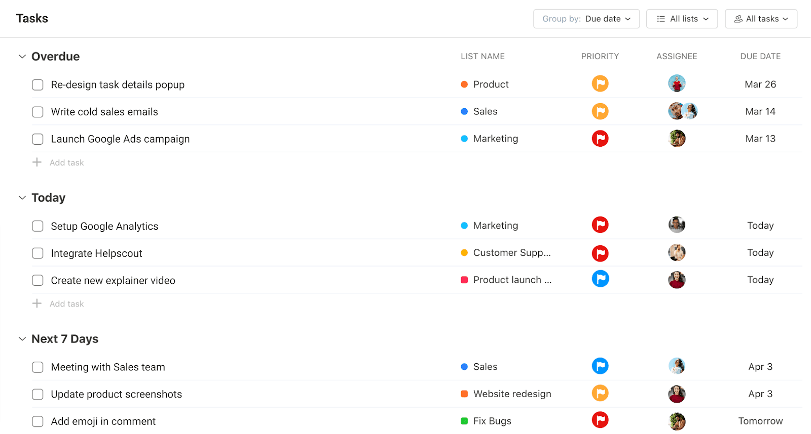 Upbase Traditional Task List View