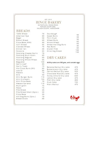 Binge Bakery And More menu 