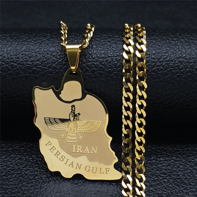 Collier avec pendentif carte de l'Iran en acier inoxydable Ahura Mazda, un bijou élégant avec un design culturel unique et significatif.