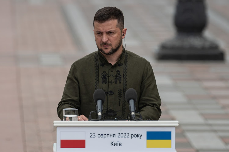 Ukrainian President Volodymyr Zelenskyy is seen during his press conference with Polish President Andrzej Duda on August 23, 2022 in Kyiv, Ukraine. Tomorrow marks six months since Russia's large-scale invasion of Ukraine, which galvanized the country's European neighbors and prompted an outpouring of political, military and economic support.