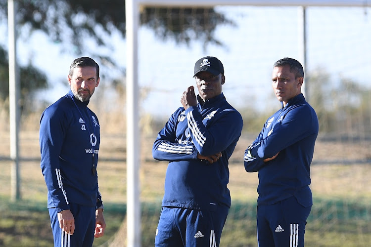 Orlando Pirates FC coaches Josef Zinnbauer,Mandla Ncikazi and Fadlu Davids during the Orlando Pirates media opportunity at Royal Marang Hotel Phokeng on July 28, 2021 in Rustenburg.