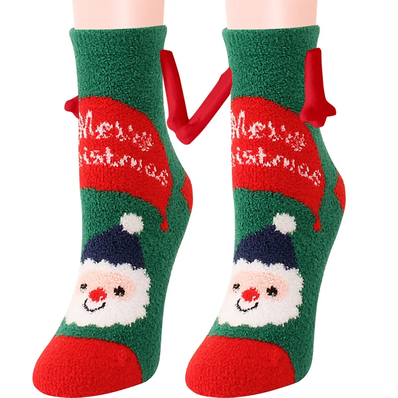Meias de casal magnéticas de Natal, com sucção e coral fleece. Meias de tubo quentes e macias para o inverno, tipo pantufa.