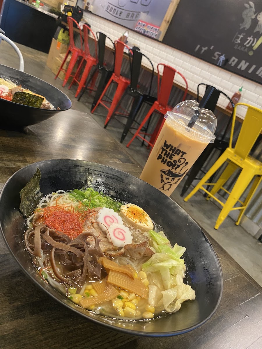 Pork ramen with Thai tea