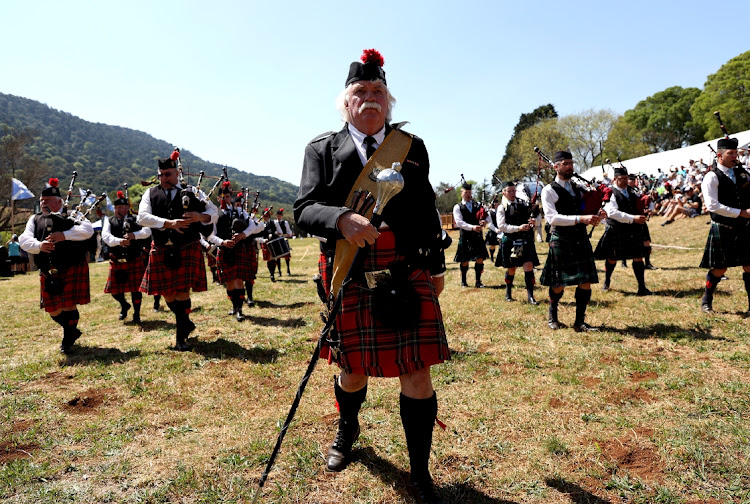 The Pietermaritzburg and Durban Caledonian pipe bands perform during the opening ceremony of the 10th Fort Nottingham Highland Gathering in Nottingham, outside Pietermaritzburg.