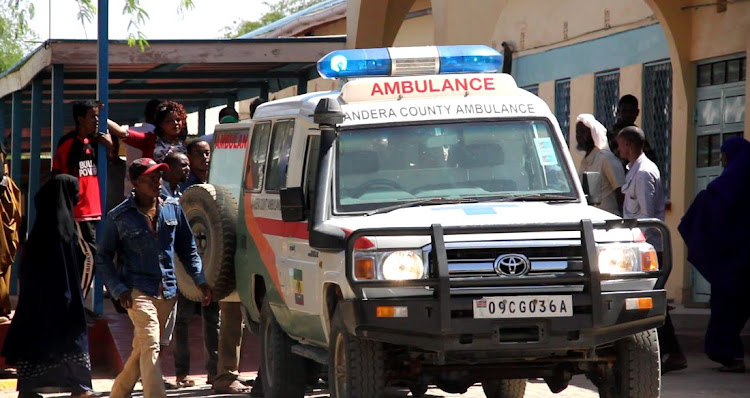 An ambulance carying some of the accident victims of the Nairobi-bound bus at accident.