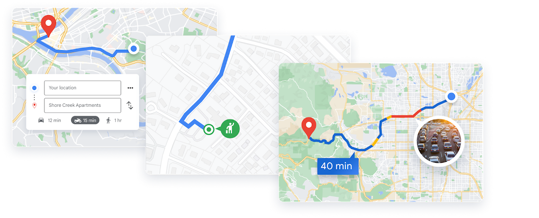 Trois cartes montrant les différentes fonctionnalités de Routes