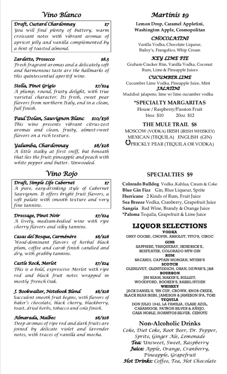 Drink menu current as of July 22, 2020.