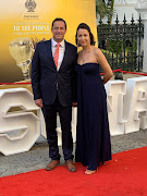 The DA's interim leader, John Steenhuisen, with his wife Terry Beaumont on the red carpet at Sona 2020. 'I’m keeping it South African,' says Beaumont of her YDE dress.