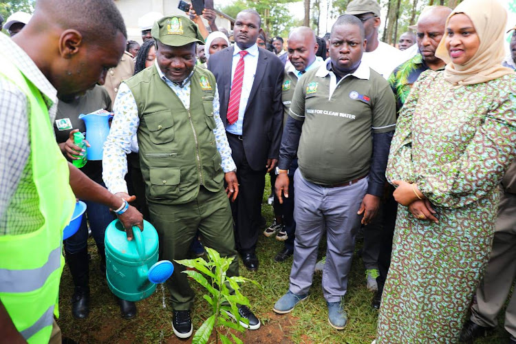 Kakamega Governor Fernandes Barasa, , Shinyalu MP Fred Ikana and Culture and Heritage Principal Secretary Ummi Bashir during a tree planting day at Muhranda in Shinyalu contituency.