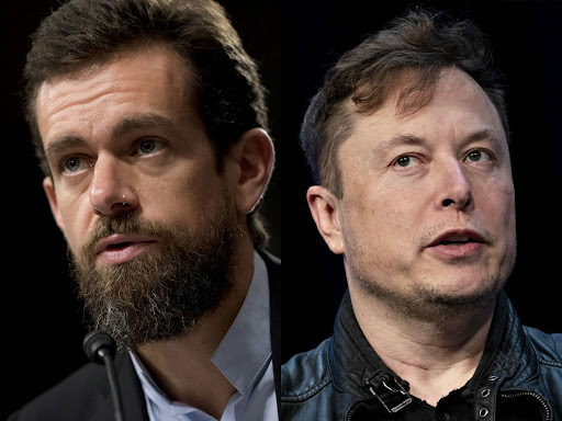 Elon Musk, right, and Jack Dorsey. Picture: BLOOMBERG