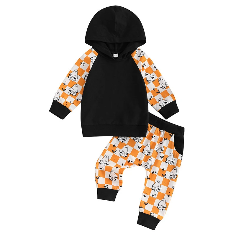 Conjunto de dos piezas para niños Sudadera con capucha multicolor y pantalones de cuadros Un look cómodo y moderno perfecto para jugar y explorar.