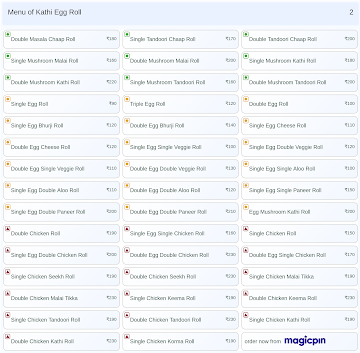 Kathi Egg Roll menu 