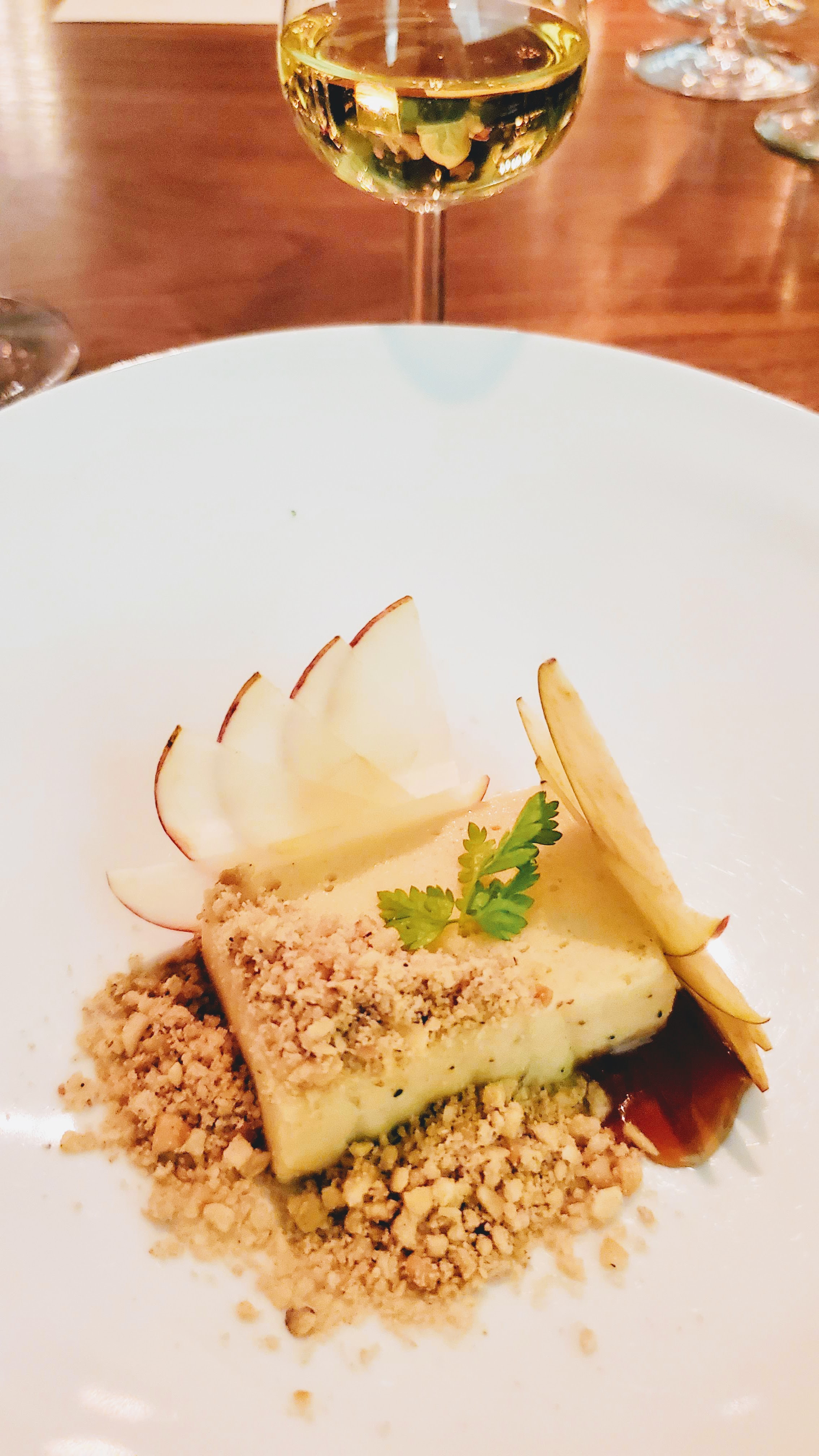 Chef's Menu at Roe PDX, Late Harvest Royal Tokaji 2016, Winesap apple with cider sabayon, caramel, hazelnut linzer cookie with cardamon and cinnamon