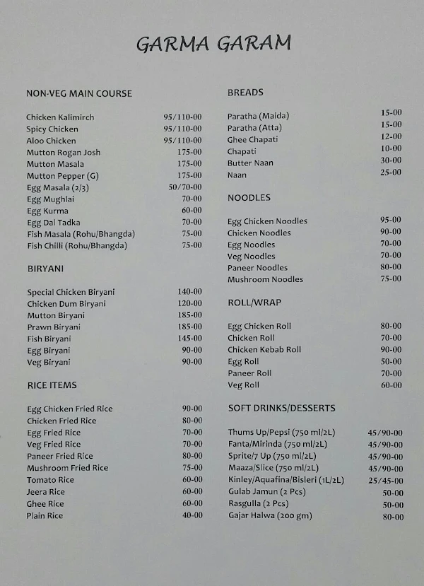 Garma Garam menu 