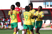 Banyana Banyana striker Chrestinah Thembi Kgatlana celebrates her goal with teammates during the 2022 Women's Africa Cup of Nations match against Burundi at Stade Prince Moulay Al Hassan in Rabat.
