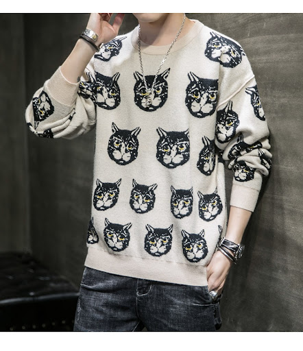 Title 3, Mens Printed Sweater Fashionable Cat Autumn an...