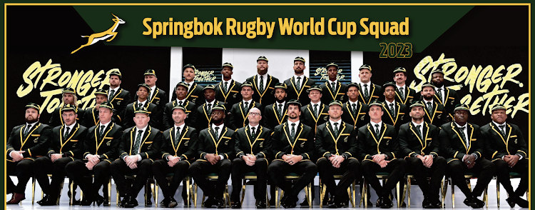 Back, from the left: Marco van Staden,Jasper Wiese, Andre Esterhuizen, Marvin Orie, RG Snyman,Jean Kleyn, Canan Moodie, Vincent Koch, Kwagga Smith, Ox Nche Centre, from the left: Faf de Klerk, Cheslin Kolbe, Manie Libbok, Damian Willemse, Makazole Mapimpi,Jesse Kriel,Jaden Hendrikse, Deon Fourie, Kurt-Lee Arendse, Grant Williams, Cobus Reinach Front, from the left: Frans Malherbe, Malcolm Marx, Pieter-Steph du Toit, Steven Kitsho, Willie le Roux, Siya Kolisi(captain),Jacques Nienaber(coach), Eben Etzebeth, Duane Vermeulen, Franco Mostert, Damian de Allende, Trevor Nykane, Bongi Mbonambi