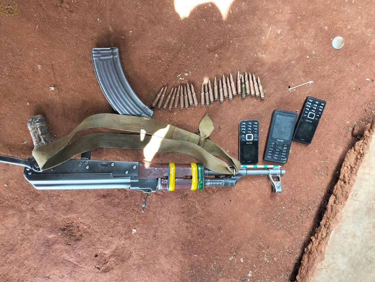 An AK-47 rifle, 23 rounds of ammunition, and three TECNO mobile phones recovered at Sero Longai Village, Samburu East by police