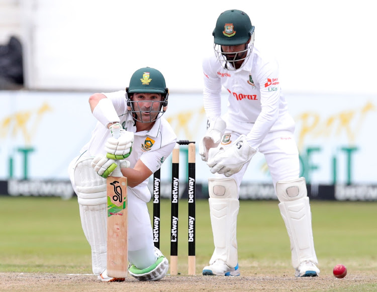 Dean Elgar, Captain of the Proteas bats during the 2022 Betway 1st Test between South Africa and Bangladesh at Kingsmead Stadium on April 3 2022. Picture: SAMUEL SHIVAMBU/BACKPAGE PIX