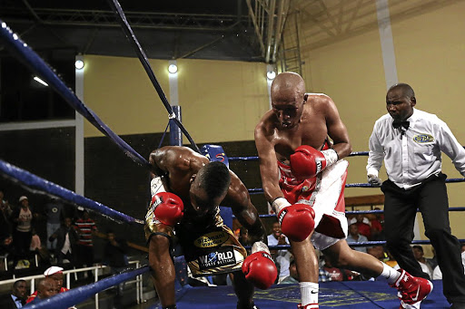 Simpiwe 'V12' Vetyeka stops Thompson Mokwana in the eighth round of their lightweight bout at the Orient Theatre. / MARK ANDREWS