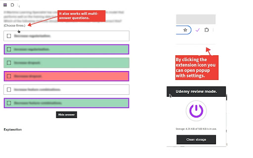 Udemy tests: immediate single answer check.