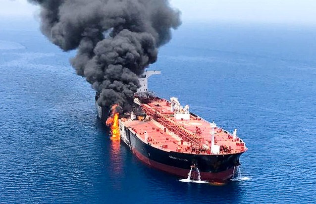 An oil tanker is seen after it was attacked at the Gulf of Oman, in waters between Gulf Arab states and Iran, June 13, 2019. ISNA/Handout via REUTERS