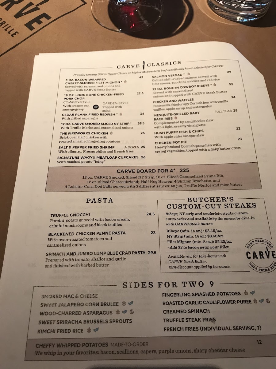 Carve American Grille gluten-free menu