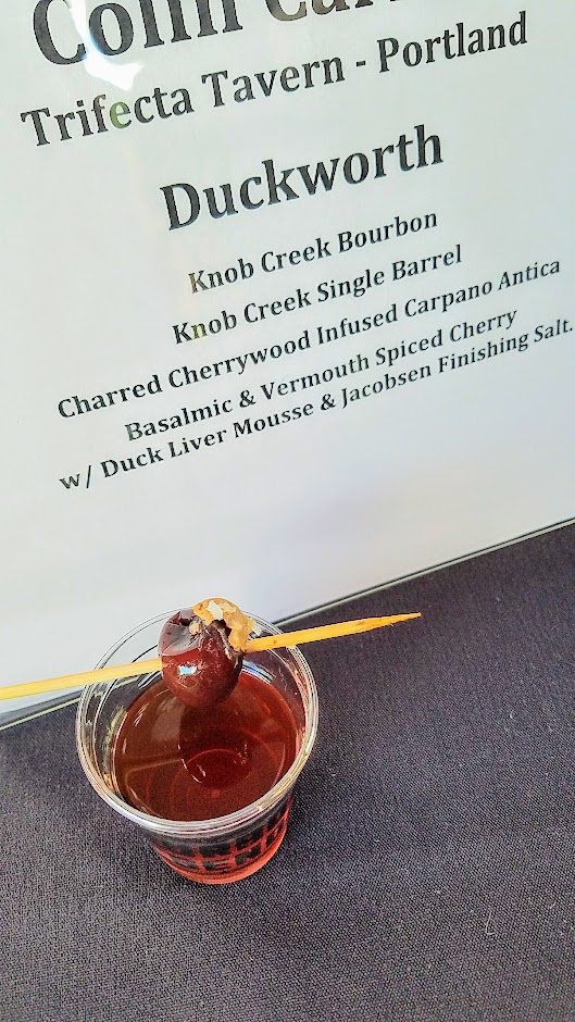 Nicky USA's Wild About Game, 2017 Cocktail Competition, Colin Carroll, representing Trifecta Tavern with his Duckworth cocktail: Knob Creek single barrel bourbon, charred cherry wood Infused Carpano Antica, balsamic & vermouth spiced cherry with duck liver mousse and Jacobsen flake salt.