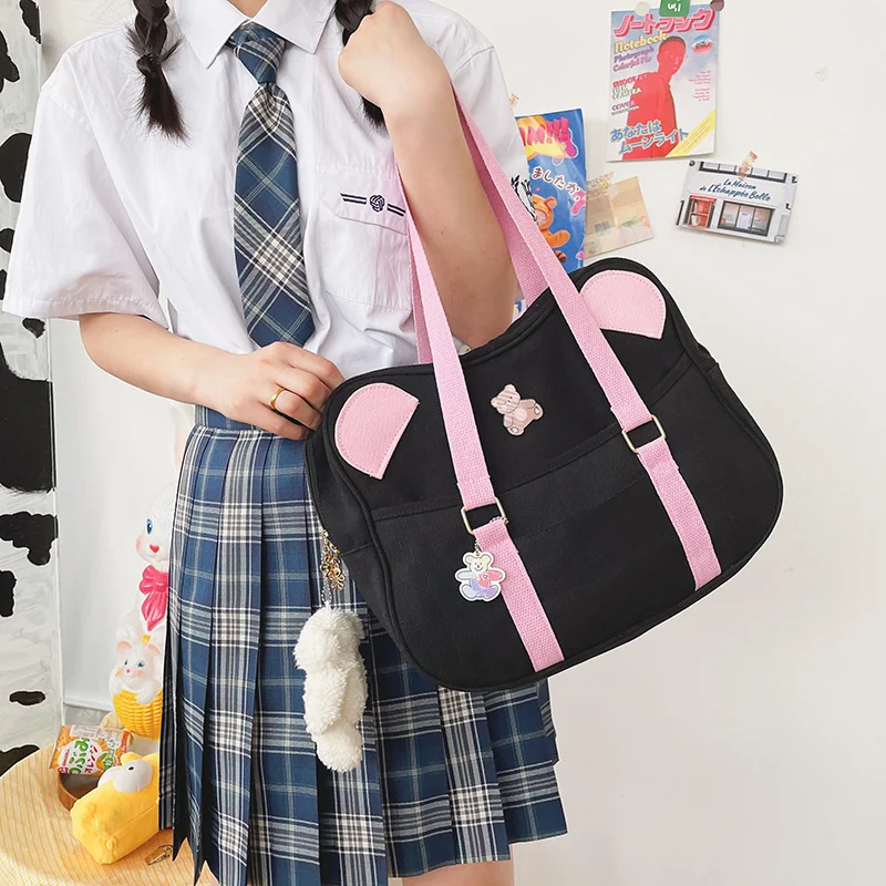 Harajuku Vintage schoudertas met schattige berenoren, zacht voor meisjes. Ideaal voor studenten en lessen. Een schattige en praktische tas.