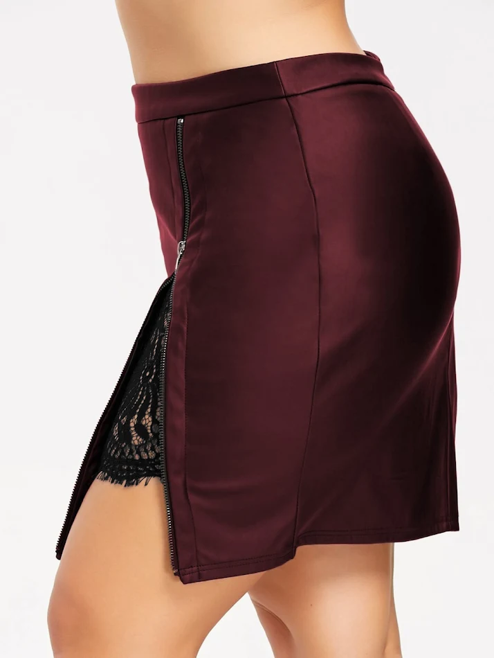 Dames leren rok met kanten stiksels en halfhoge taille, creëer een stijlvolle en vrouwelijke look, perfect voor dagelijks gebruik of speciale gelegenheden.