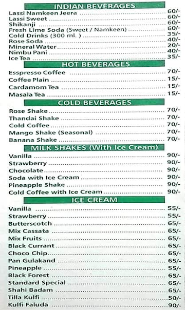 Standard Sweets & Restaurant menu 