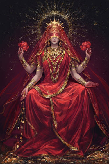 In this illustration, Lakshmi is shown wearing a red lehenga with gold embroidery. There is a dupatta covering the majority of her face and gold jewelry adorning her wrists and neck.