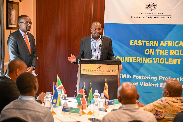 National Union of Somali Journalists secretary general Omar Faruk Osman and MCK chief executive during a media conference at the Sarova Stanley in Nairobi.