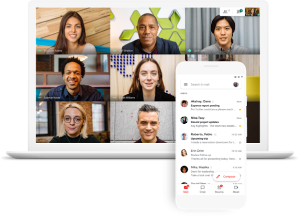 Google Meet video conference on laptop and Gmail UI on mobile 
