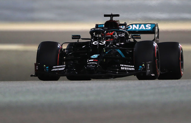 George Russell of Great Britain driving the (63) Mercedes AMG Petronas F1 Team Mercedes W11 on track during practice ahead of the F1 Grand Prix of Sakhir at Bahrain International Circuit on December 04, 2020 in Bahrain, Bahrain.