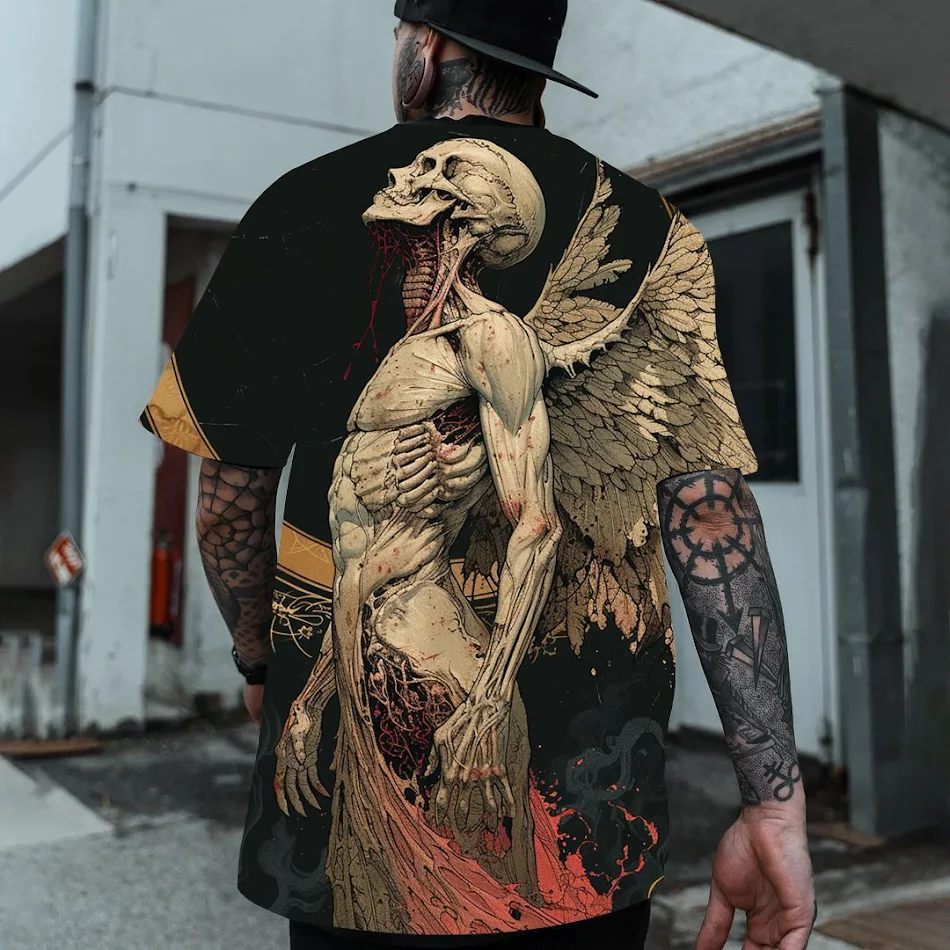 Camiseta masculina gola redonda manga curta com estampas personalizadas de caveira, ideal para um visual moderno e confortável no verão