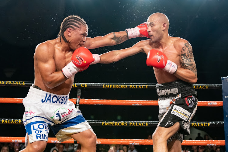 Shervontaigh Koopman & Jackson Kaptein during the the 'Peril @ the Palace' boxing tournament at Emperors Palace on March 18, 2023 in Johannesburg, South Africa.