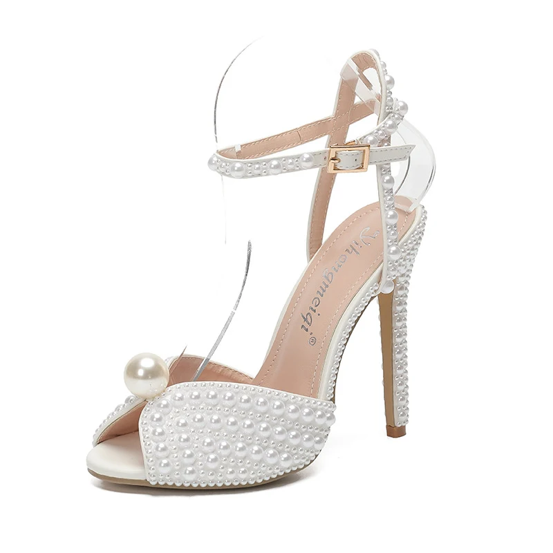 Escarpins à talons hauts pour femmes, peep-toe, bouche peu profonde, strass et perles, pour un style élégant et raffiné.