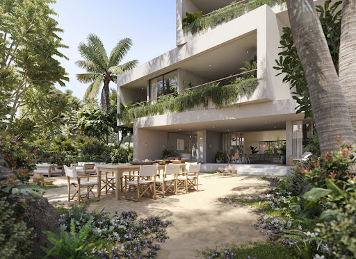Prestige house for sale in Miches (Dominican Republic) - Outdoor furniture in front of lush modern building